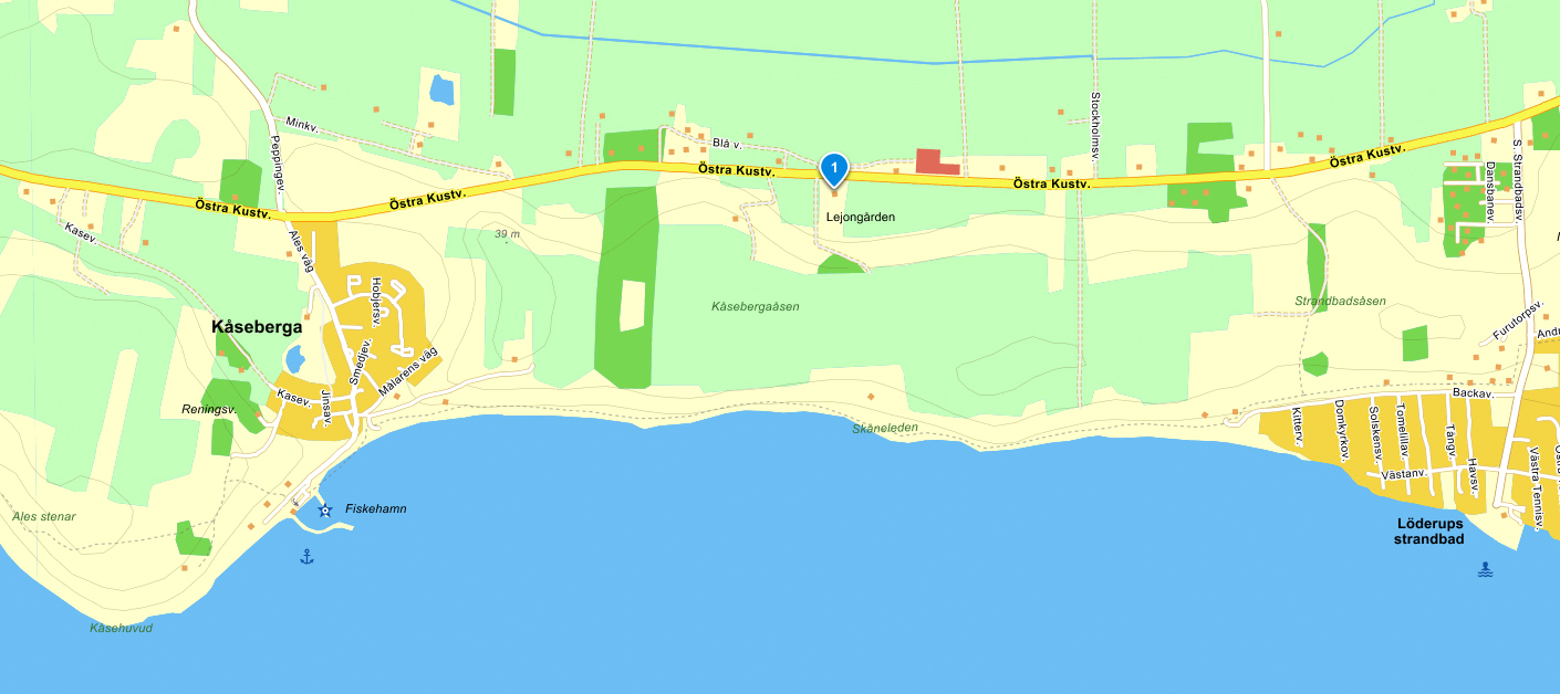 Karta över Lejongården, Kåseberga och Löderups strandbad.